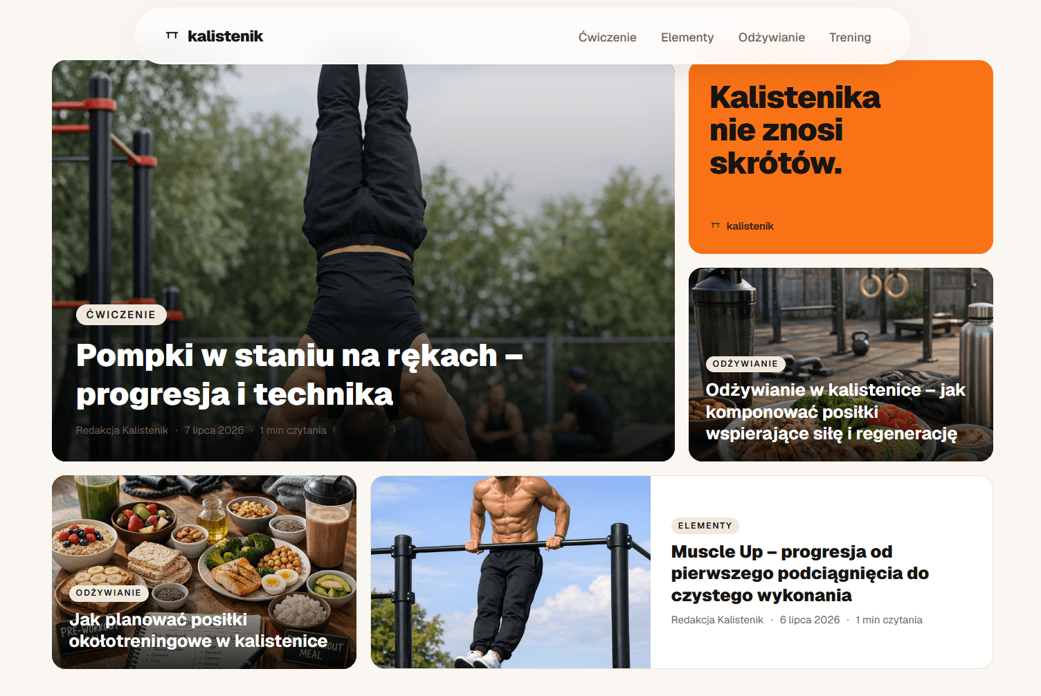 Kalistenik.pl home page: editorial article grid with hero tile and category feature cards